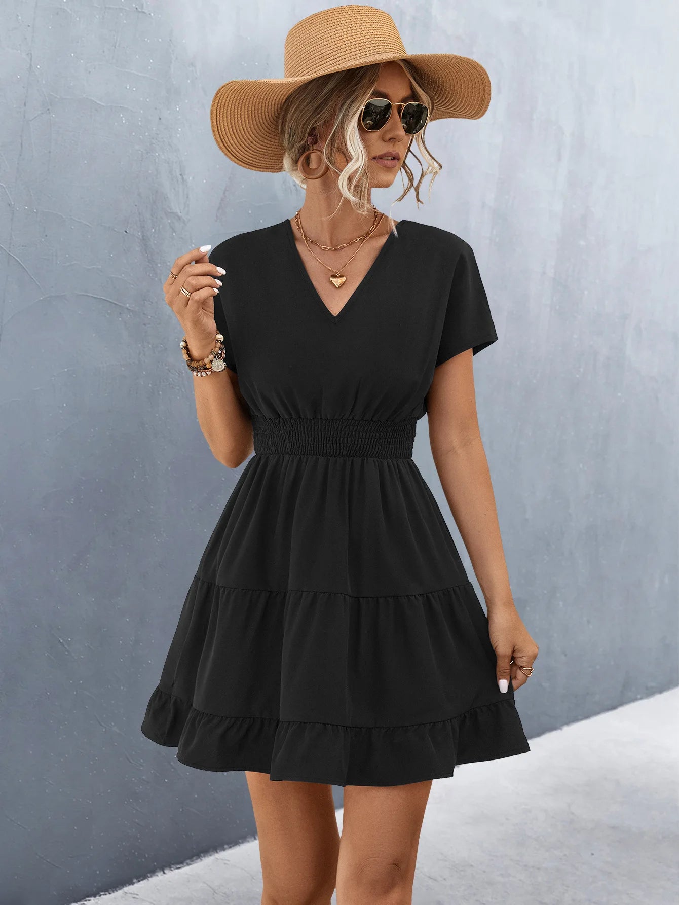 Elegant V Neck Short Sleeve Ruffle Patchwork A-Line Solid Color Dress