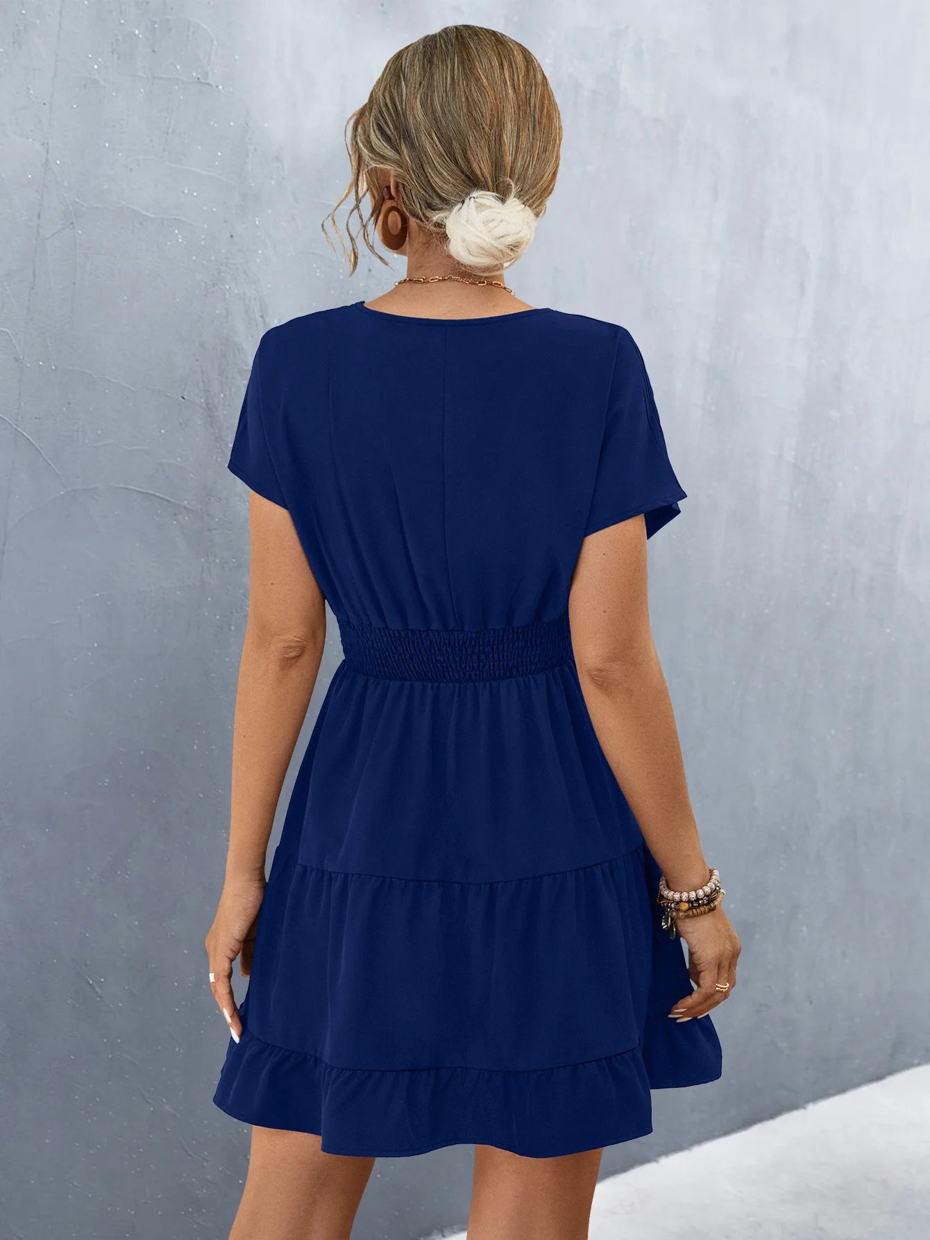 Elegant V Neck Short Sleeve Ruffle Patchwork A-Line Solid Color Dress