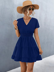 Elegant V Neck Short Sleeve Ruffle Patchwork A-Line Solid Color Dress