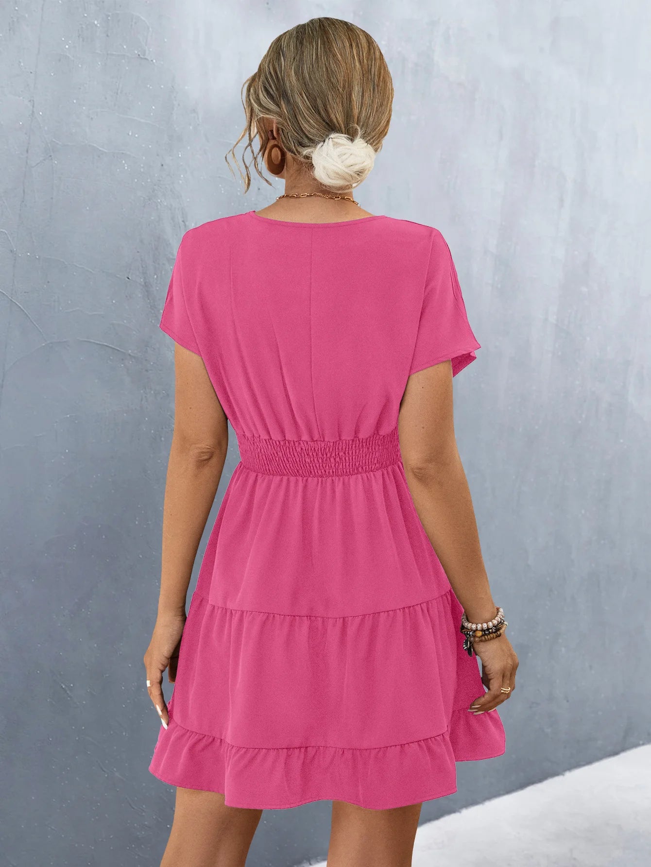 Elegant V Neck Short Sleeve Ruffle Patchwork A-Line Solid Color Dress