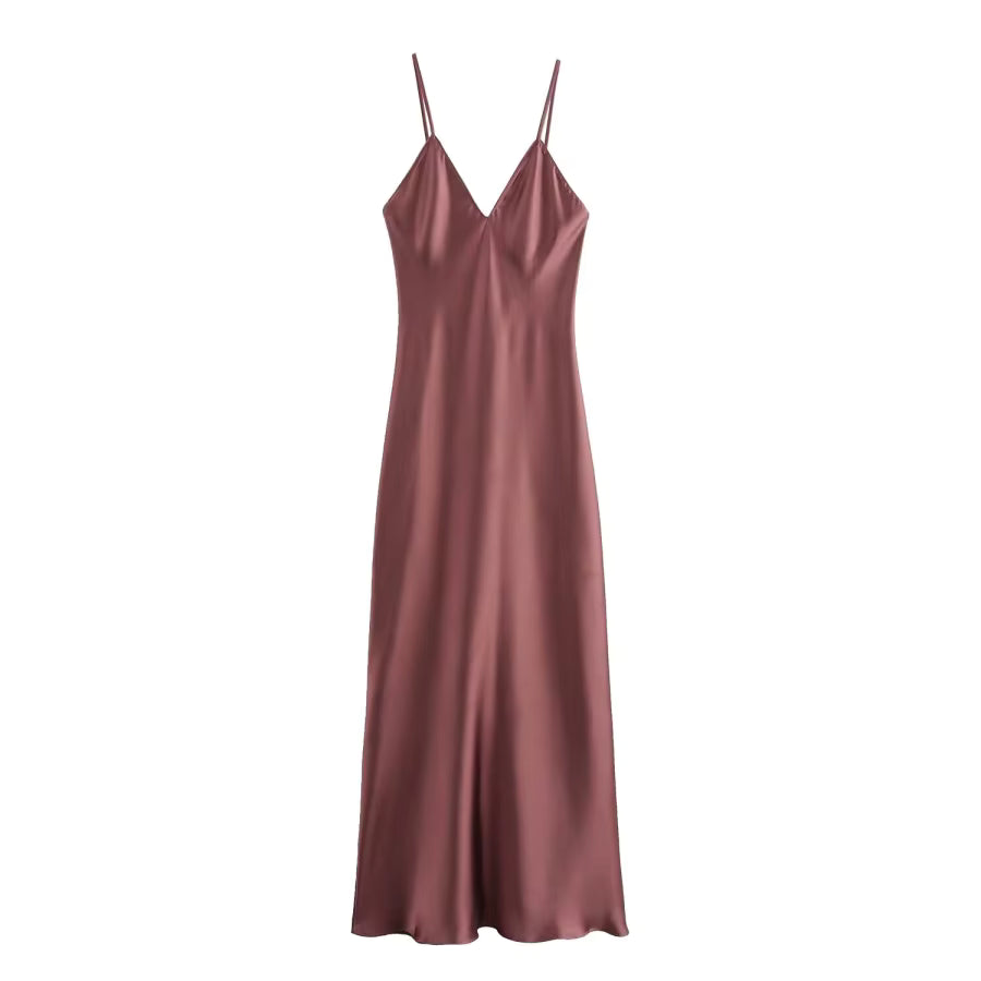 Elegant V-Neck Silk Satin Spaghetti Strap Backless Party Slip Maxi Dress