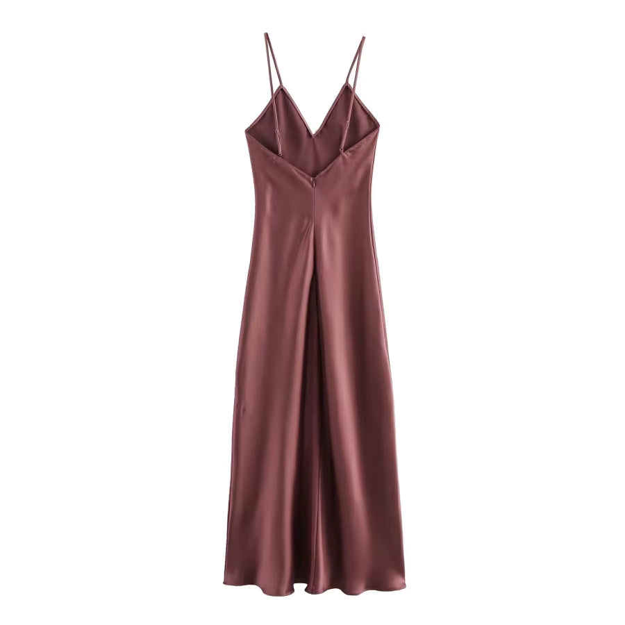 Elegant V-Neck Silk Satin Spaghetti Strap Backless Party Slip Maxi Dress