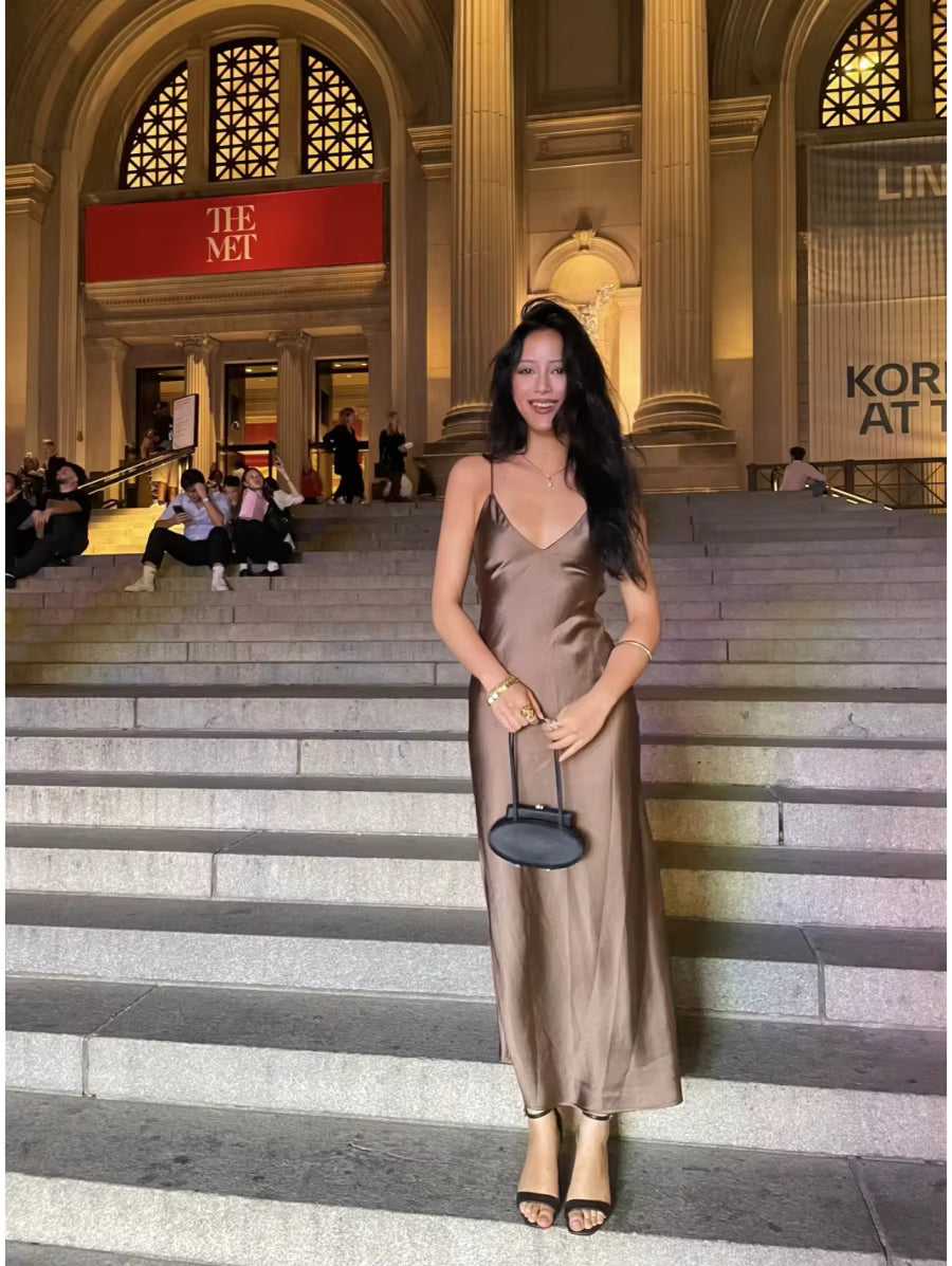Elegant V-Neck Silk Satin Spaghetti Strap Backless Party Slip Maxi Dress