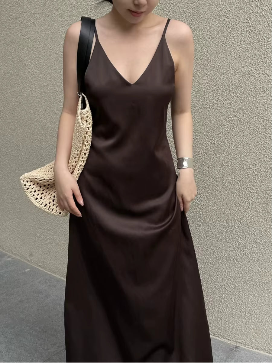 Elegant V-Neck Silk Satin Spaghetti Strap Backless Party Slip Maxi Dress