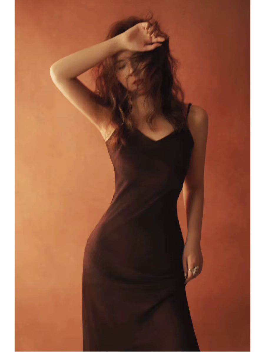 Elegant V-Neck Silk Satin Spaghetti Strap Backless Party Slip Maxi Dress