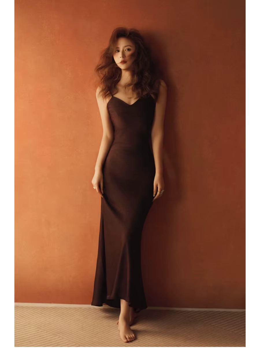 Elegant V-Neck Silk Satin Spaghetti Strap Backless Party Slip Maxi Dress