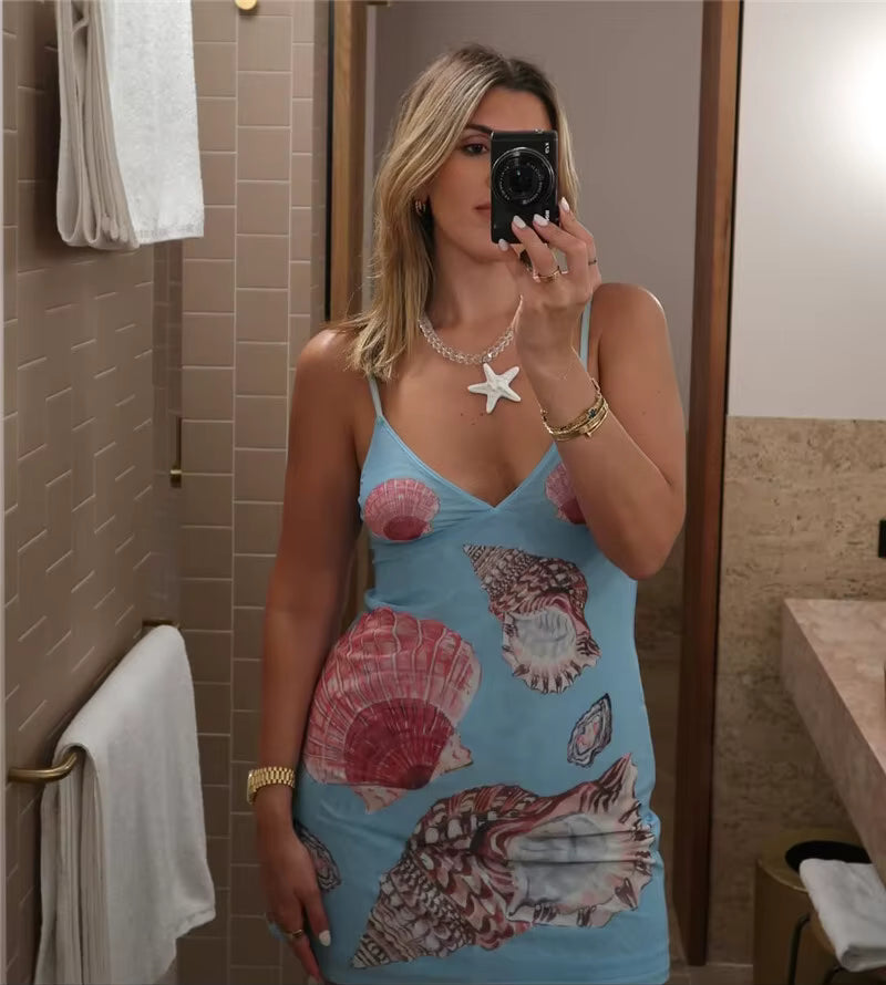Elegant V Neck Sleeveless Backless Spaghetti Strap Floral Print Mini Dress