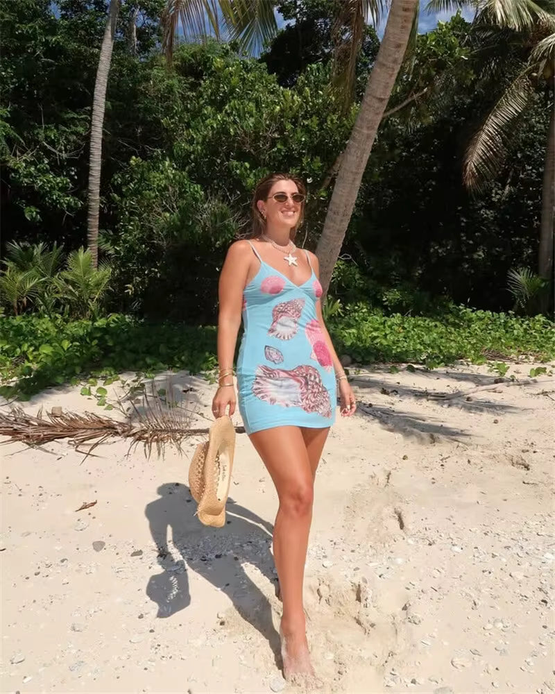 Elegant V Neck Sleeveless Backless Spaghetti Strap Floral Print Mini Dress