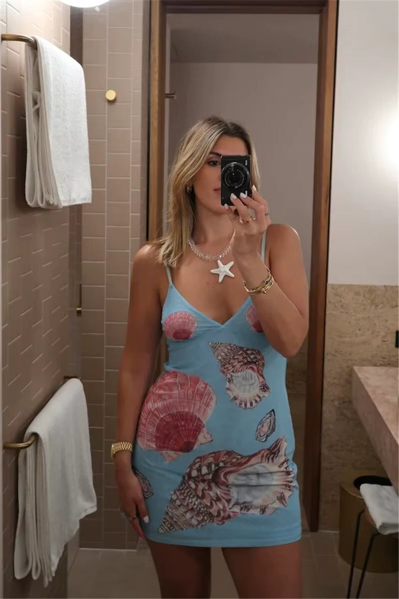 Elegant V Neck Sleeveless Backless Spaghetti Strap Floral Print Mini Dress