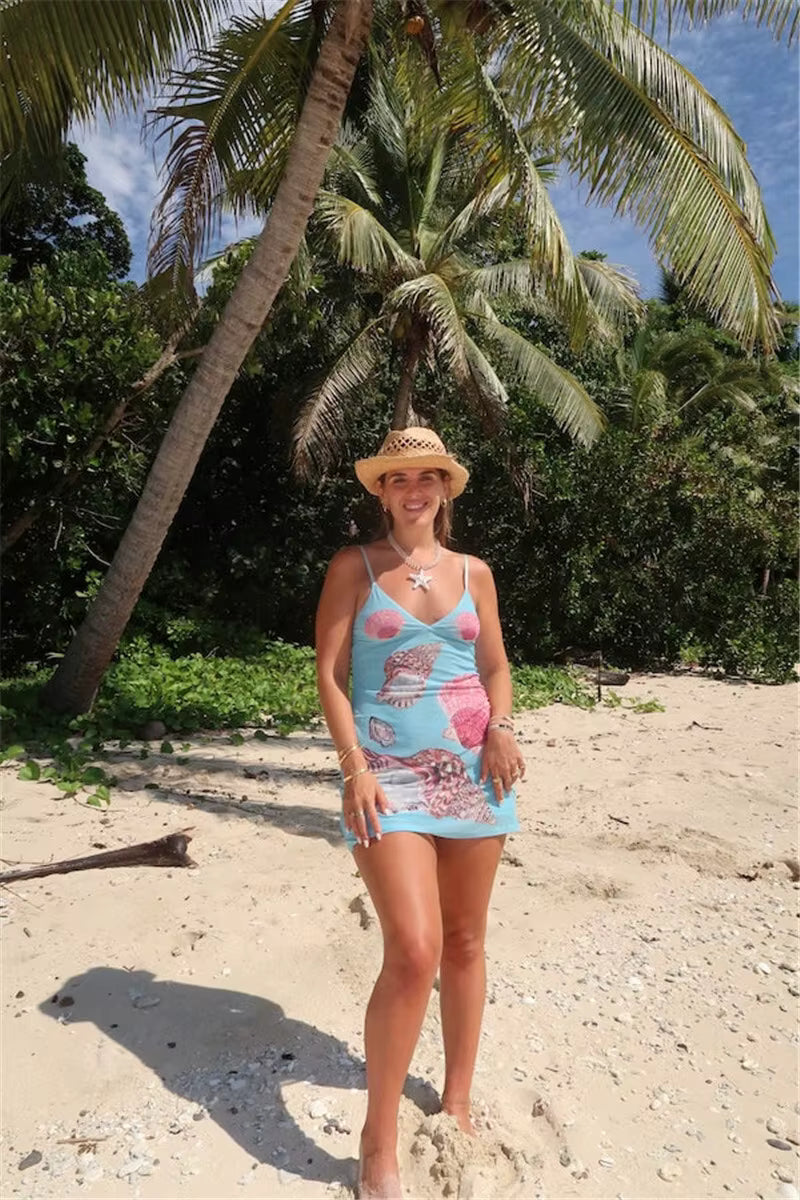Elegant V Neck Sleeveless Backless Spaghetti Strap Floral Print Mini Dress