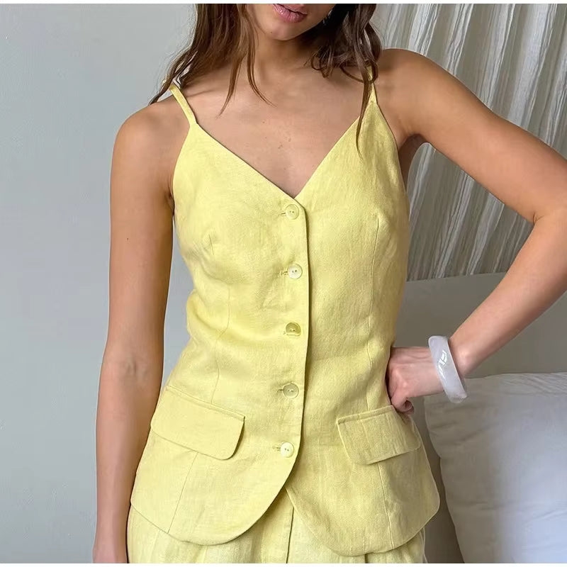 Elegant V-Neck Sleeveless Button Pocket Top Strap Vest Pants Suit Two Piece Set