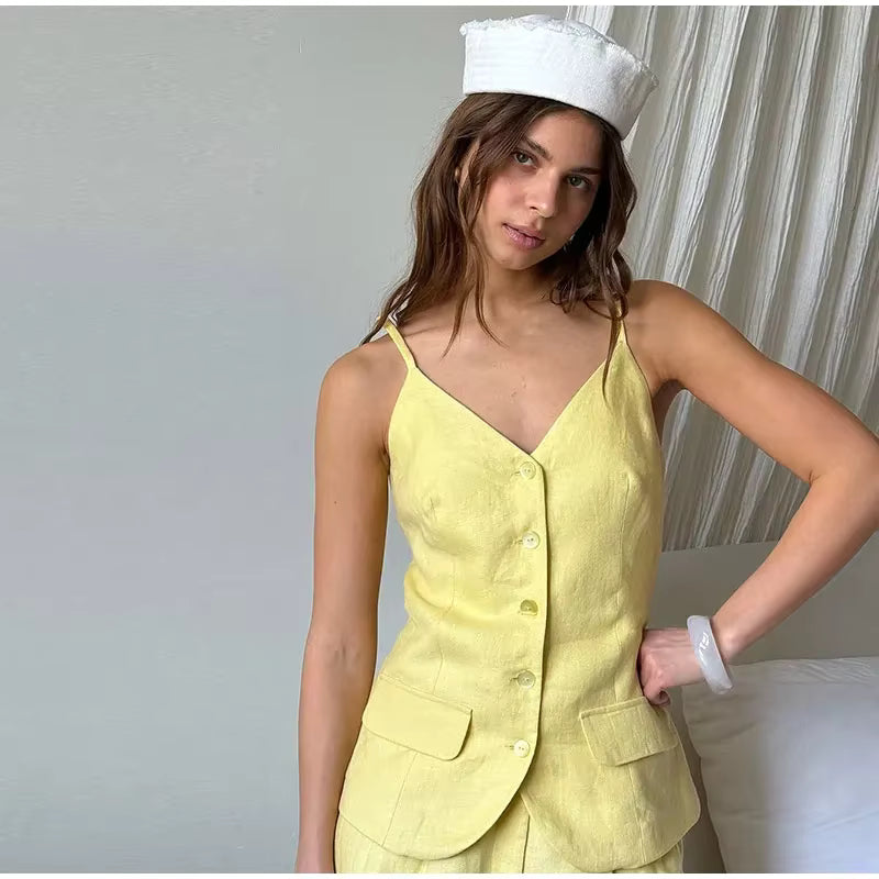 Elegant V-Neck Sleeveless Button Pocket Top Strap Vest Pants Suit Two Piece Set
