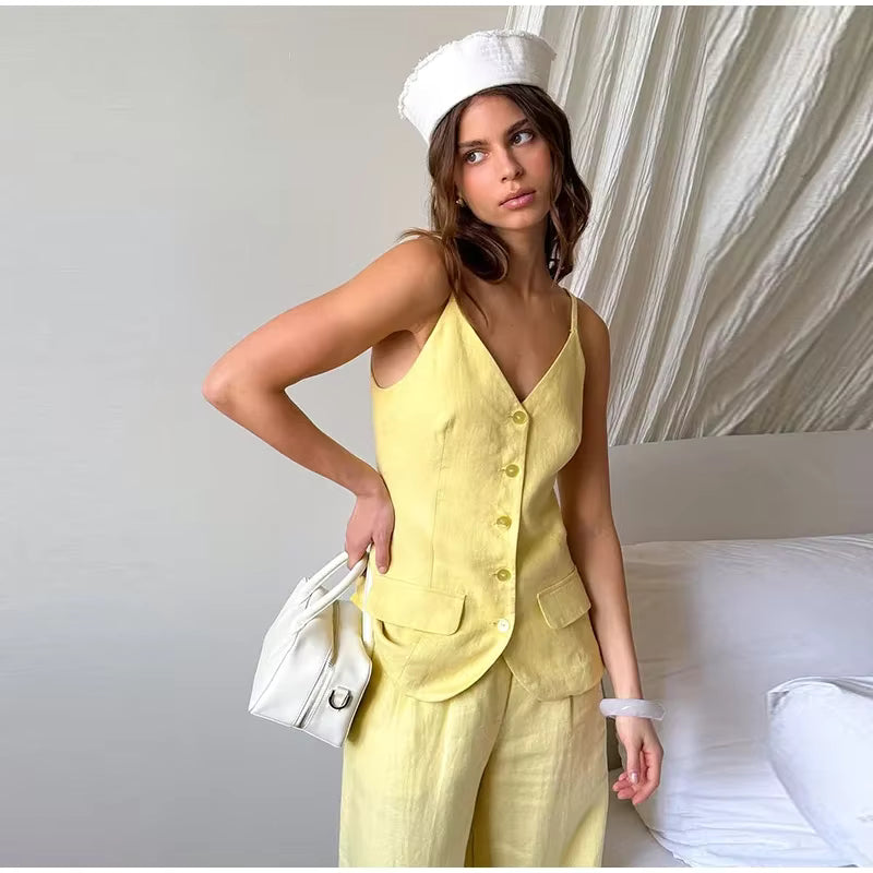 Elegant V-Neck Sleeveless Button Pocket Top Strap Vest Pants Suit Two Piece Set