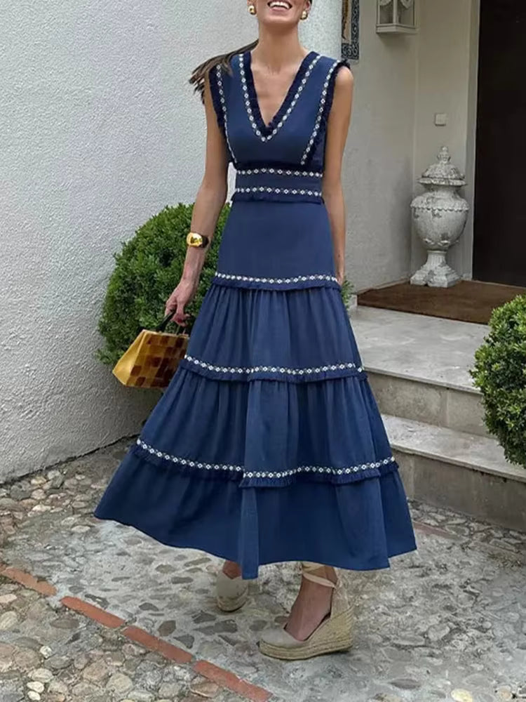 Elegant V Neck Sleeveless High Waist Patchwork Tassel Maxi Dress