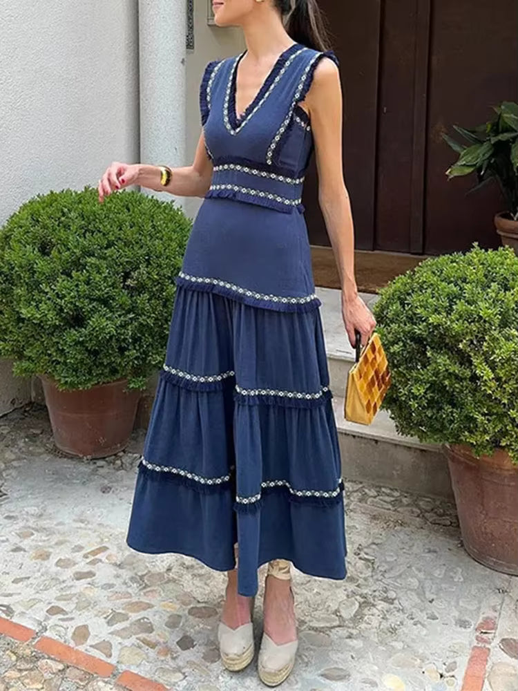 Elegant V Neck Sleeveless High Waist Patchwork Tassel Maxi Dress