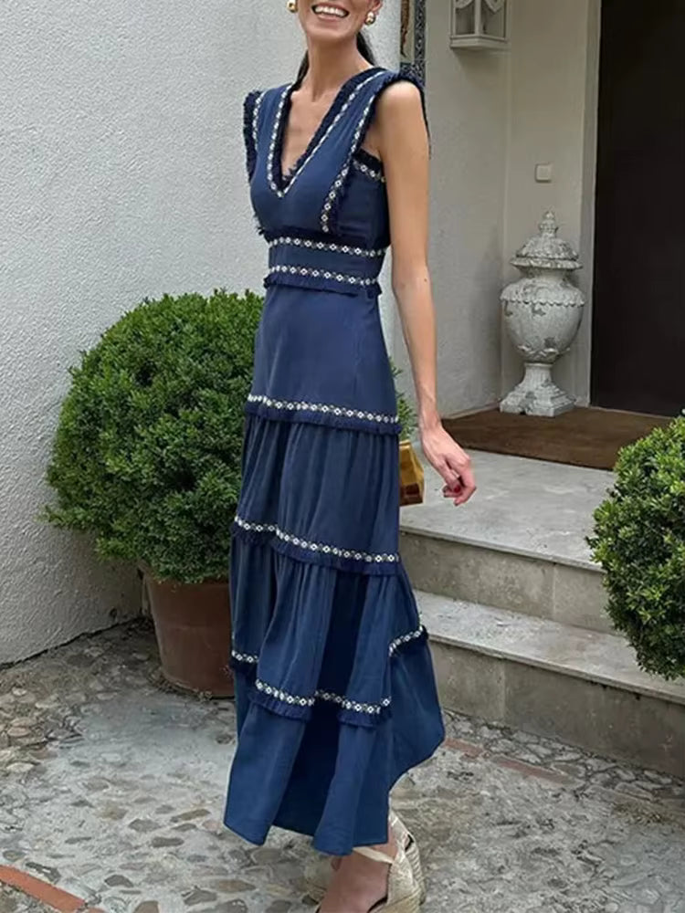 Elegant V Neck Sleeveless High Waist Patchwork Tassel Maxi Dress