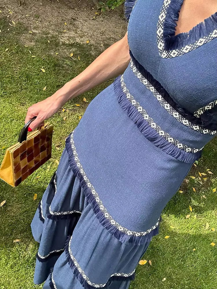 Elegant V Neck Sleeveless High Waist Patchwork Tassel Maxi Dress