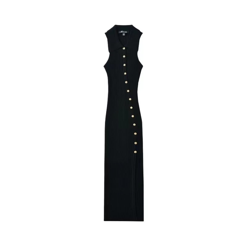 Elegant V Neck Sleeveless Hip Wrap Splice Solid Button Slim Fit Long Dresses