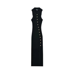 Elegant V Neck Sleeveless Hip Wrap Splice Solid Button Slim Fit Long Dresses