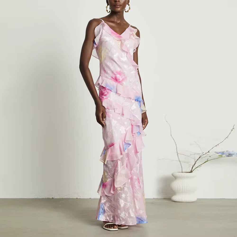 Elegant V Neck Sleeveless Patchwork Ruffles Slimming Printing Maxi Dresses