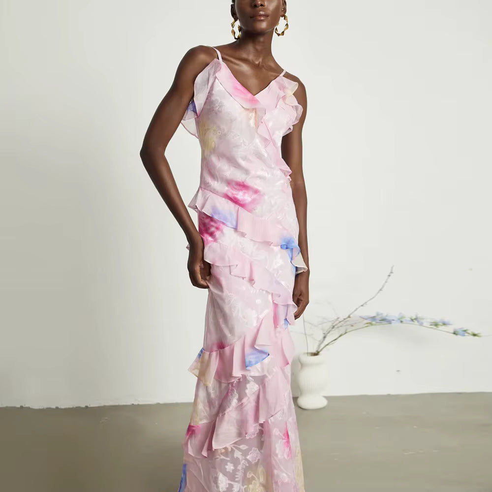 Elegant V Neck Sleeveless Patchwork Ruffles Slimming Printing Maxi Dresses