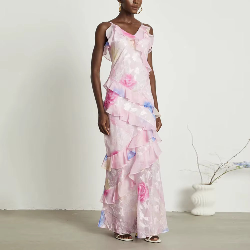 Elegant V Neck Sleeveless Patchwork Ruffles Slimming Printing Maxi Dresses