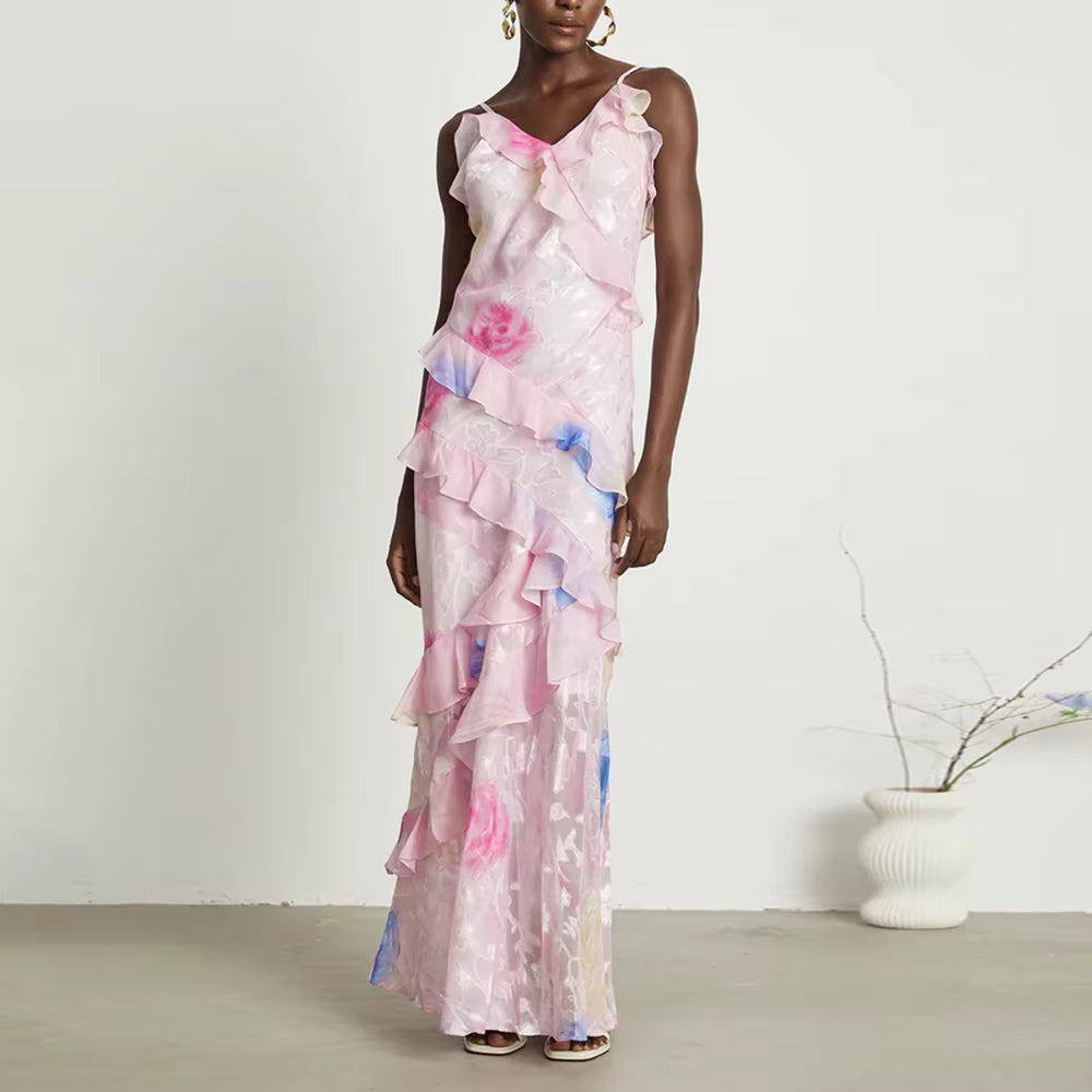 Elegant V Neck Sleeveless Patchwork Ruffles Slimming Printing Maxi Dresses