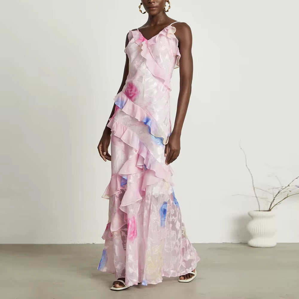 Elegant V Neck Sleeveless Patchwork Ruffles Slimming Printing Maxi Dresses