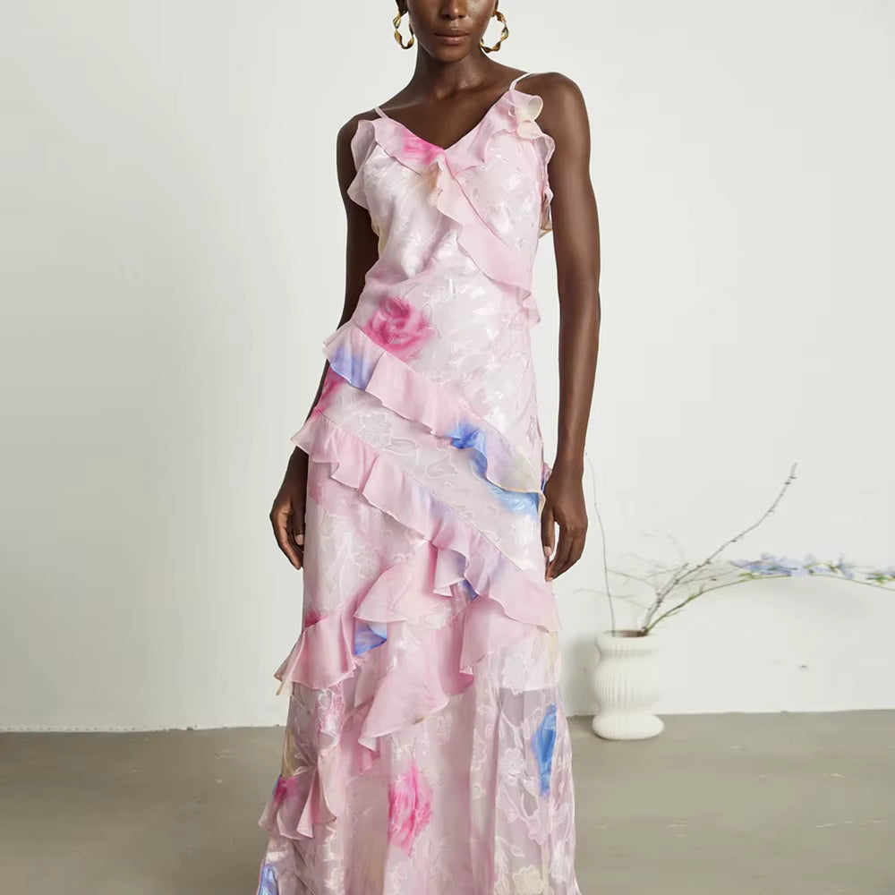 Elegant V Neck Sleeveless Patchwork Ruffles Slimming Printing Maxi Dresses
