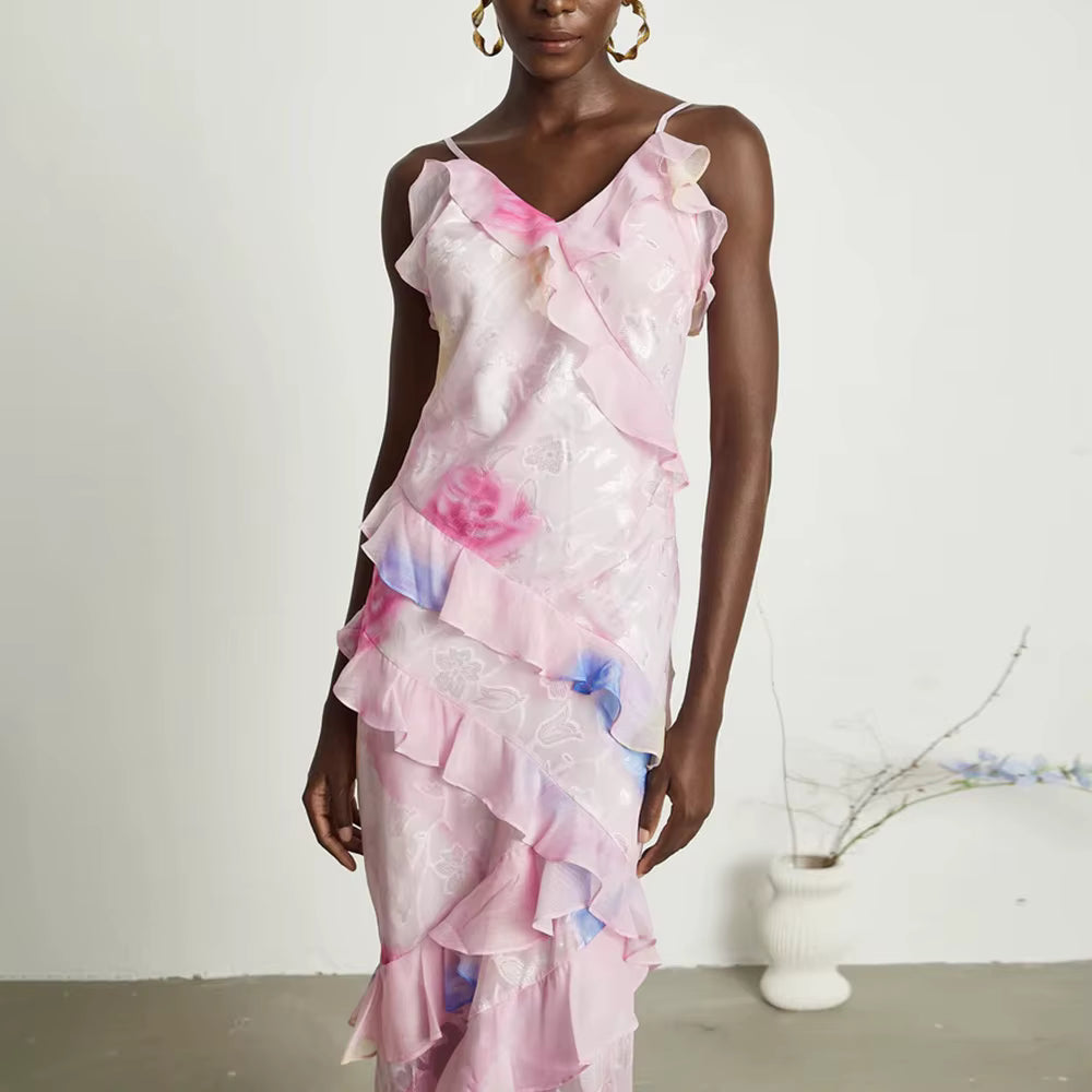Elegant V Neck Sleeveless Patchwork Ruffles Slimming Printing Maxi Dresses