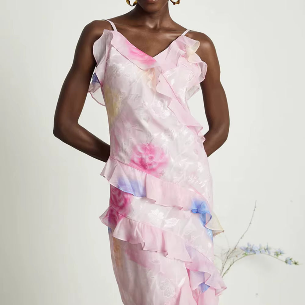 Elegant V Neck Sleeveless Patchwork Ruffles Slimming Printing Maxi Dresses