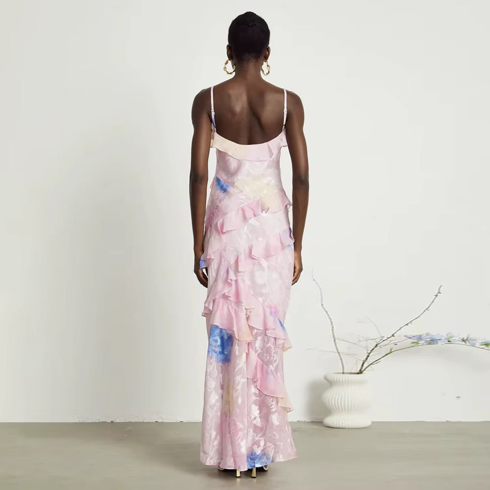 Elegant V Neck Sleeveless Patchwork Ruffles Slimming Printing Maxi Dresses