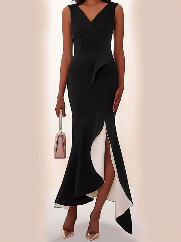 Elegant V-Neck Sleeveless Ruffle Split-Joint Birthday Maxi Dress