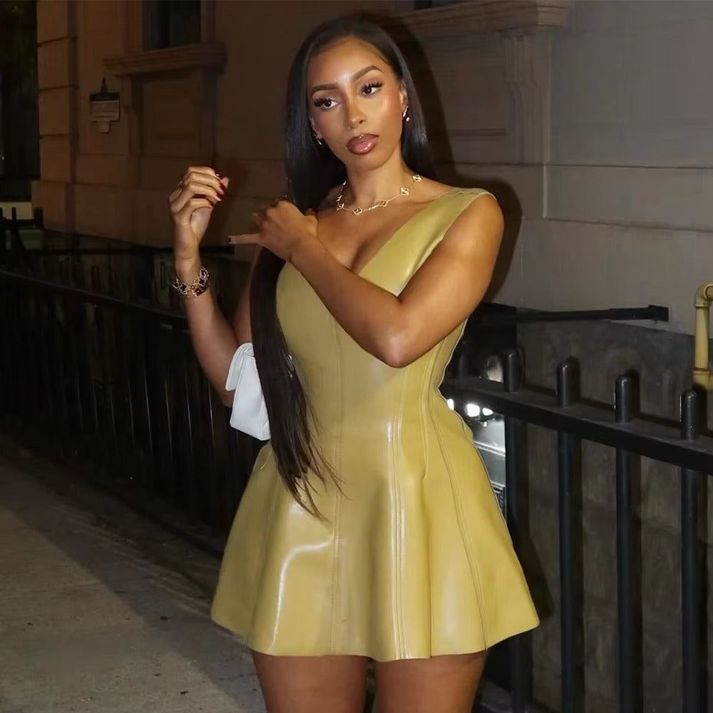 Elegant V-Neck Sleeveless Stretch Leather A-Line Mini Dress