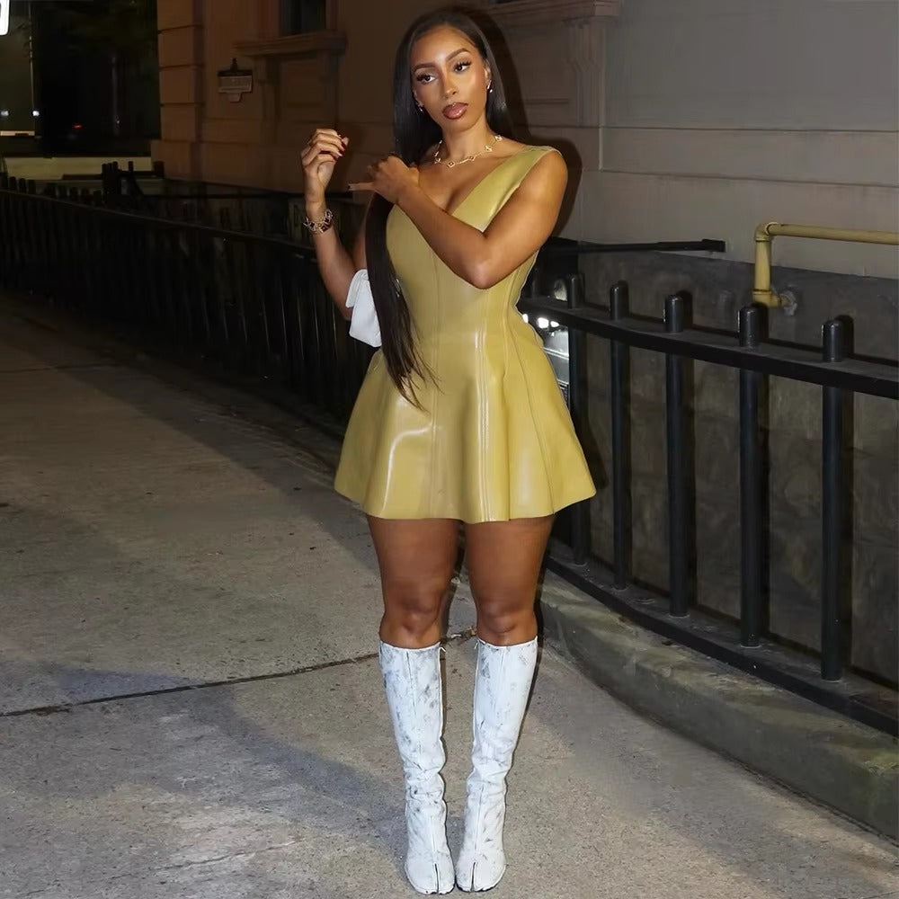 Elegant V-Neck Sleeveless Stretch Leather A-Line Mini Dress