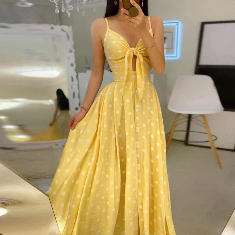 Elegant V-Neck Sling Backless Hollow Out BowKnot Long Party Dot Dress