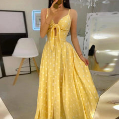 Elegant V-Neck Sling Backless Hollow Out BowKnot Long Party Dot Dress