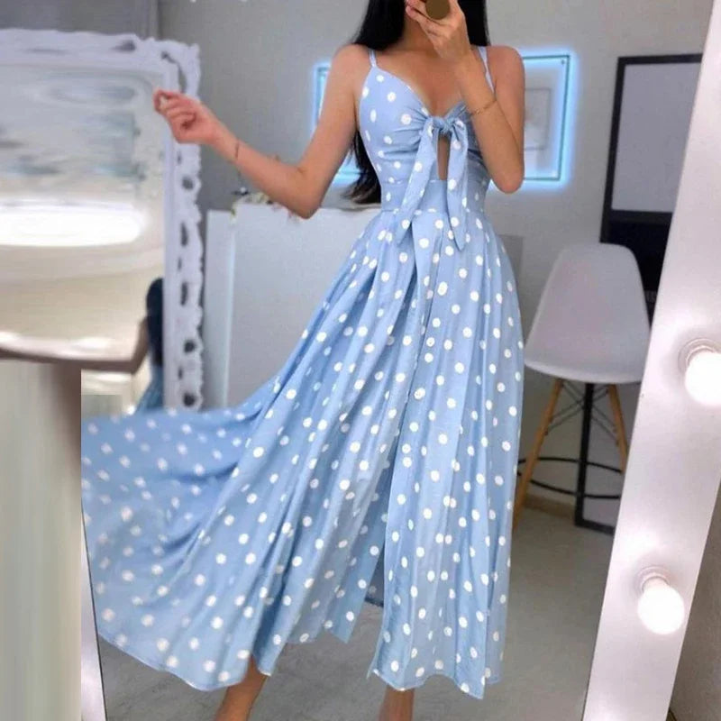 Elegant V-Neck Sling Backless Hollow Out BowKnot Long Party Dot Dress