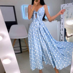 Elegant V-Neck Sling Backless Hollow Out BowKnot Long Party Dot Dress