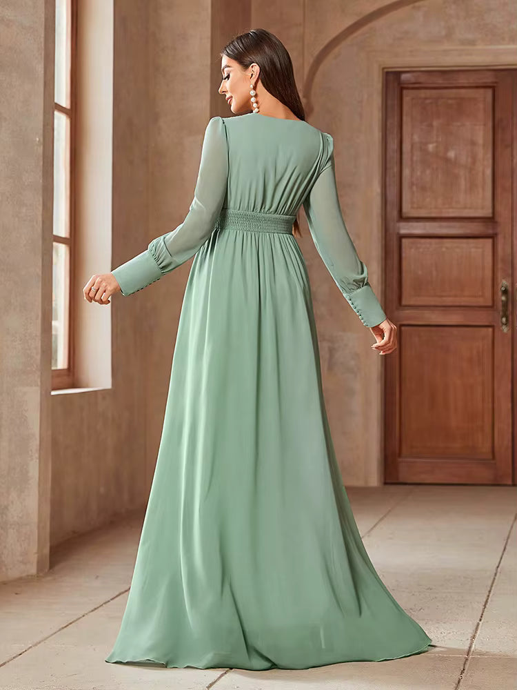 Elegant V-Neck Solid Color Banquet Match Long Sleeve Dress