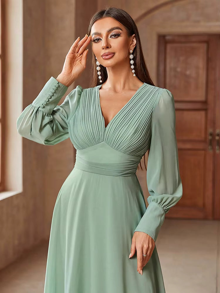 Elegant V-Neck Solid Color Banquet Match Long Sleeve Dress