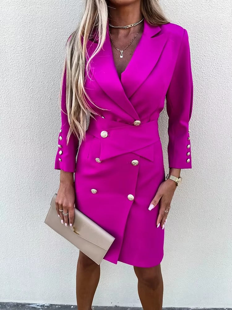 Elegant V Neck Solid Straight Button Long Sleeve Double Breasted Blazer Dress