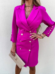 Elegant V Neck Solid Straight Button Long Sleeve Double Breasted Blazer Dress