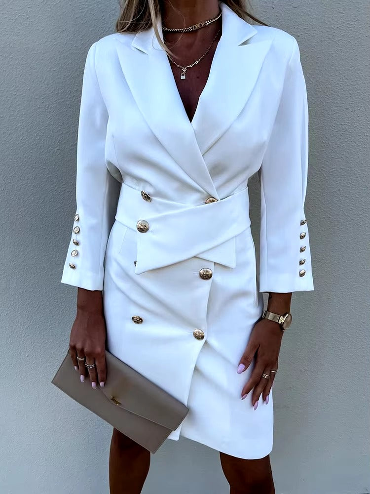 Elegant V Neck Solid Straight Button Long Sleeve Double Breasted Blazer Dress