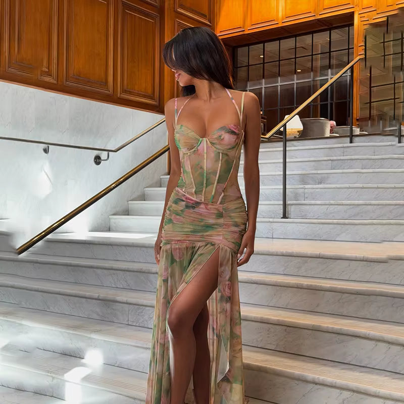 Elegant V-Neck Spaghetti Strap Floral Print Corset Ruched Long Maxi Dress