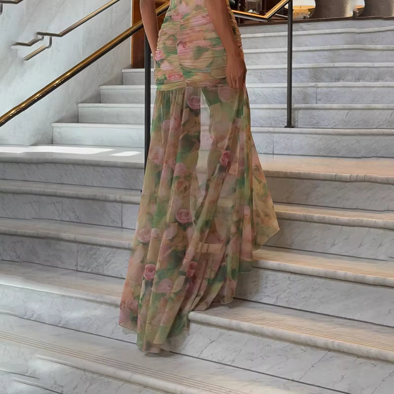 Elegant V-Neck Spaghetti Strap Floral Print Corset Ruched Long Maxi Dress