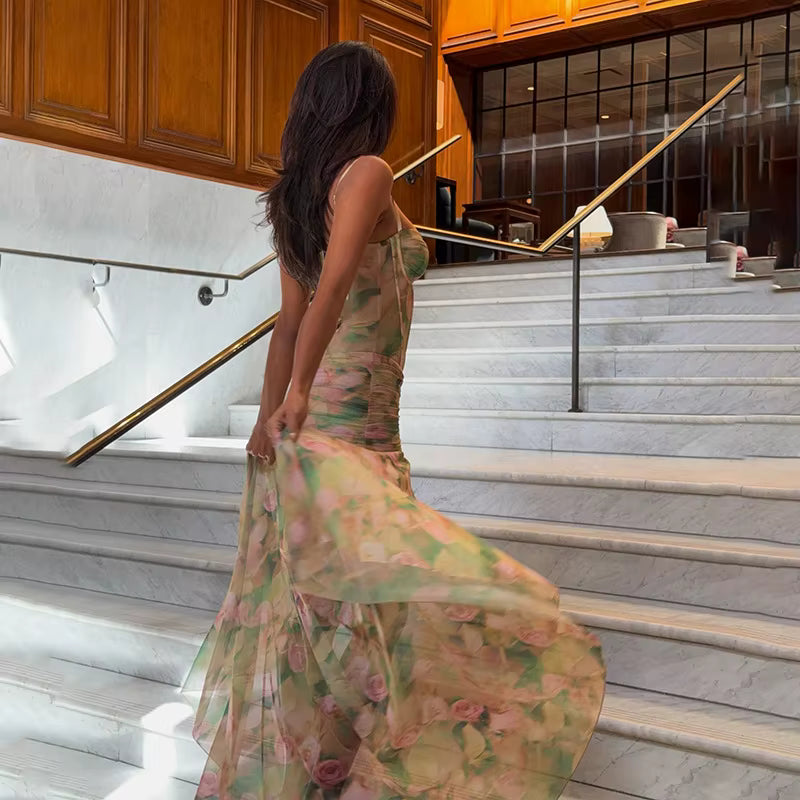 Elegant V-Neck Spaghetti Strap Floral Print Corset Ruched Long Maxi Dress