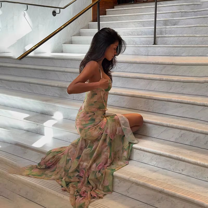 Elegant V-Neck Spaghetti Strap Floral Print Corset Ruched Long Maxi Dress