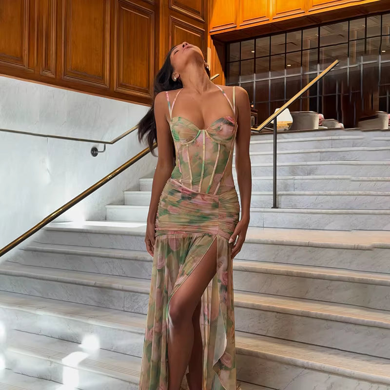 Elegant V-Neck Spaghetti Strap Floral Print Corset Ruched Long Maxi Dress