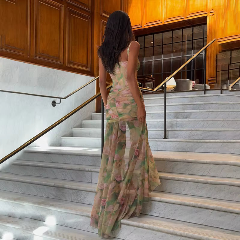 Elegant V-Neck Spaghetti Strap Floral Print Corset Ruched Long Maxi Dress